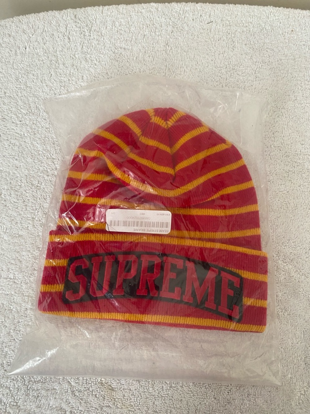 Supreme Red and Yellow Striped Beanie with Logo